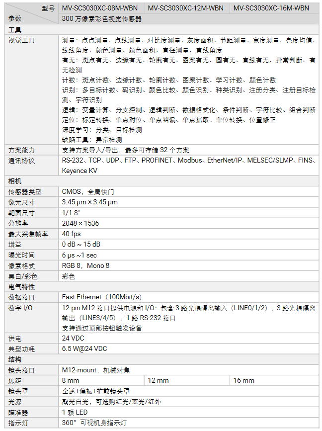 ?？礛V-SC3030XC-08m/12m/16m 300萬像素彩色視覺傳感器相機參數.png